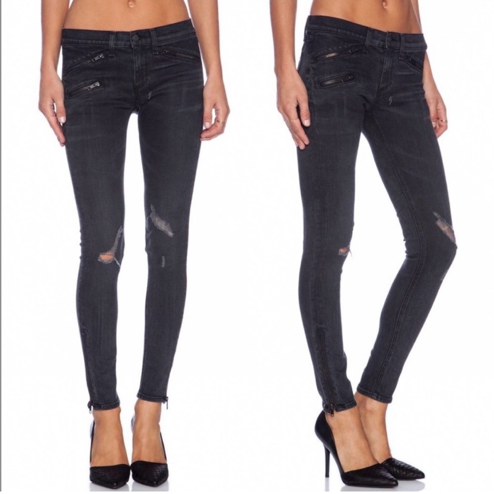Rag & Bone Blackthorne Black Distressed Moto Grunge Rock Skinny Zipper Jeans 29